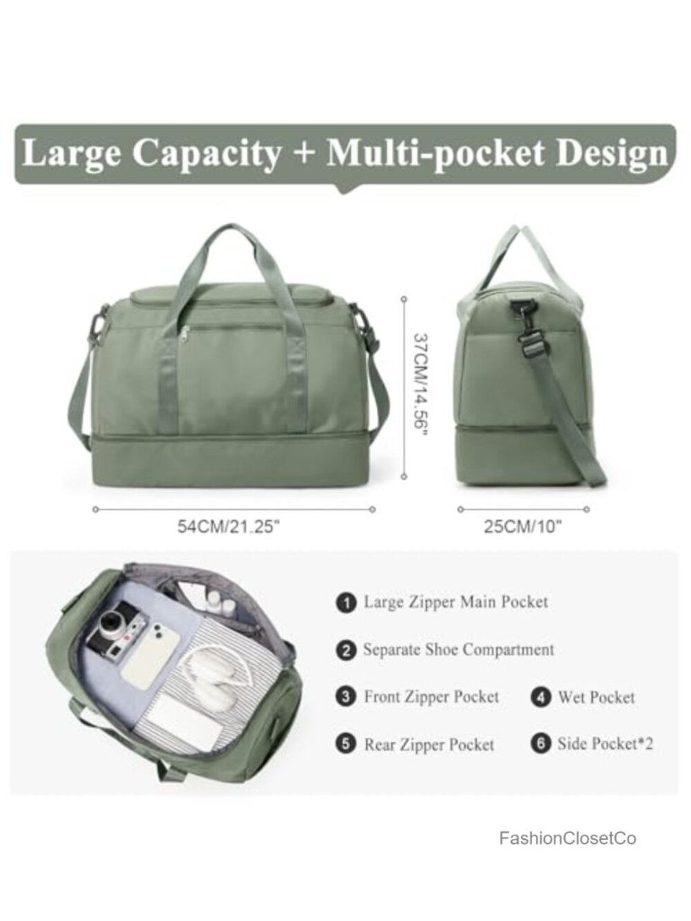 Extra Large Travel Duffel Bag Carry On with Shoe Compartment for Women - Picture 3 of 5